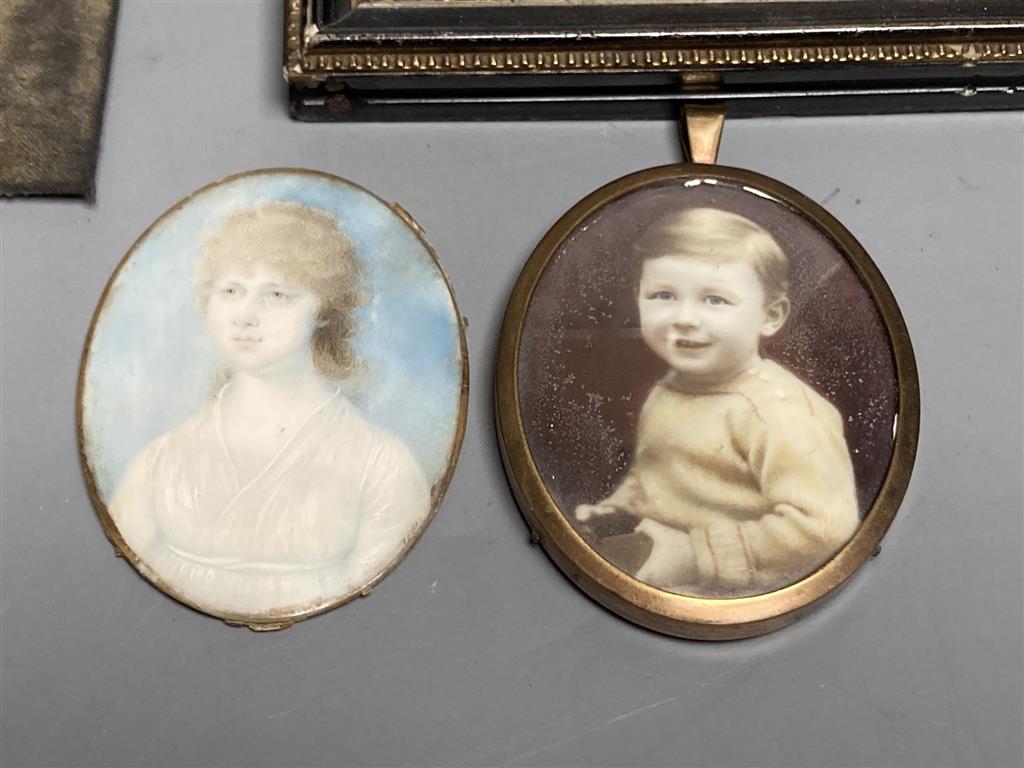 A collection of miniature portraits, including an early 19th century portrait of a young woman, 7.5 x 12.5cm and smaller